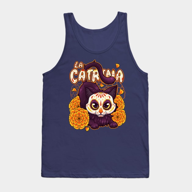 black furry cute cat with catrina skull mask and flowers Tank Top by ISAGU ART STORE